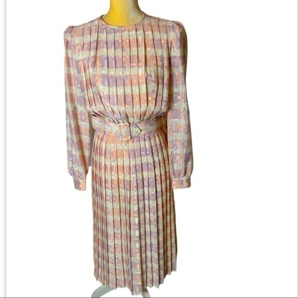Vintage Lisa Michaels Pastel Pleated Long Sleeve Midi Dress Size 8 Pink Purple
